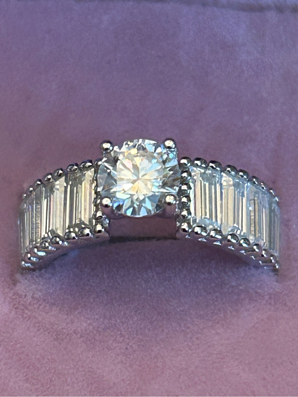 925 Sterling Silver Ring w/Round Moissanite Center & Baguette Accents